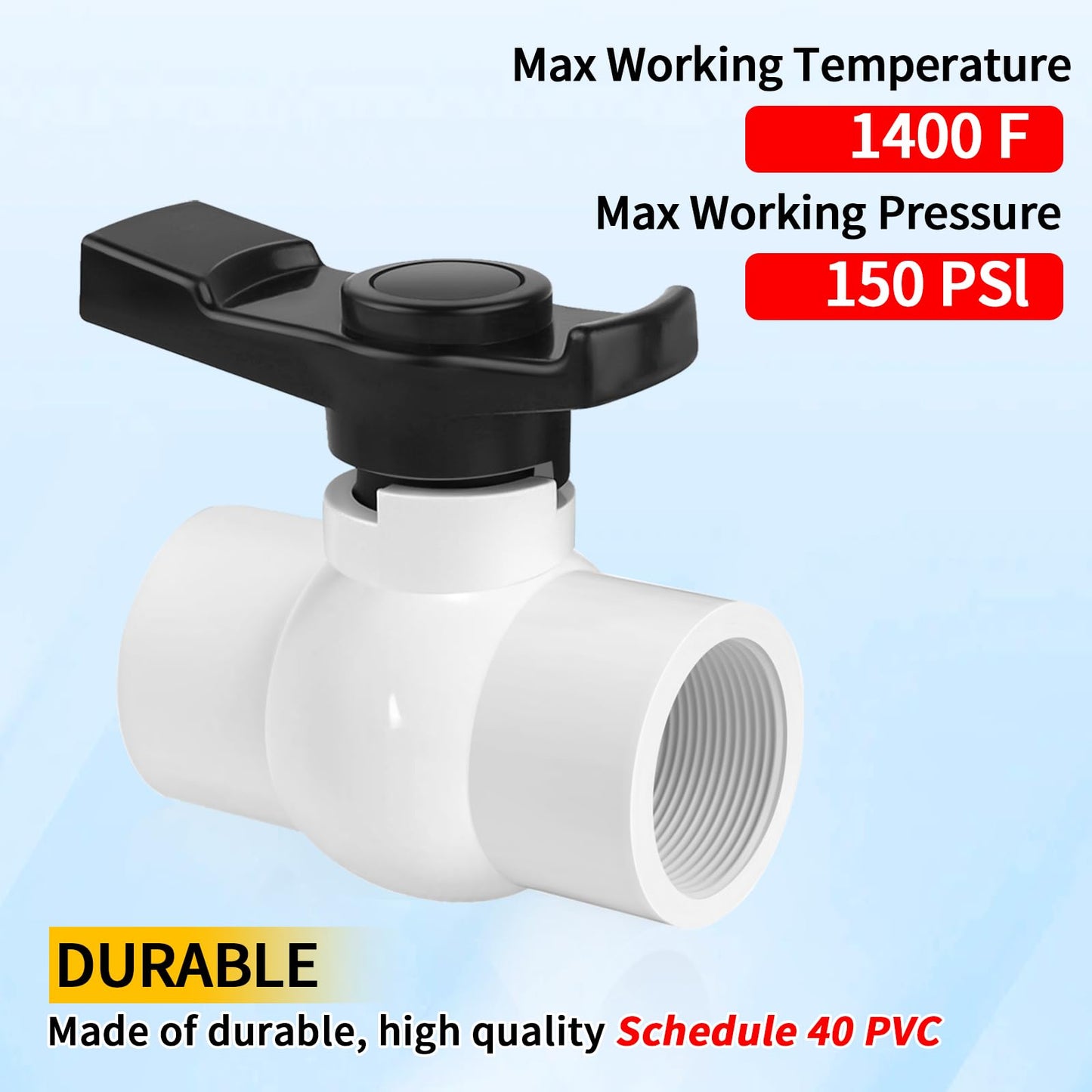 Boltigen 2Pack 1-1/2 inch NPT PVC Ball Valves, 1.5''Double Female NPT Threaded PVC Shut Off Valve with Full Flow Port, SCH40 Plastic Water Control Valve, for Swimming Pool, Irrigation, Sewage Pipes