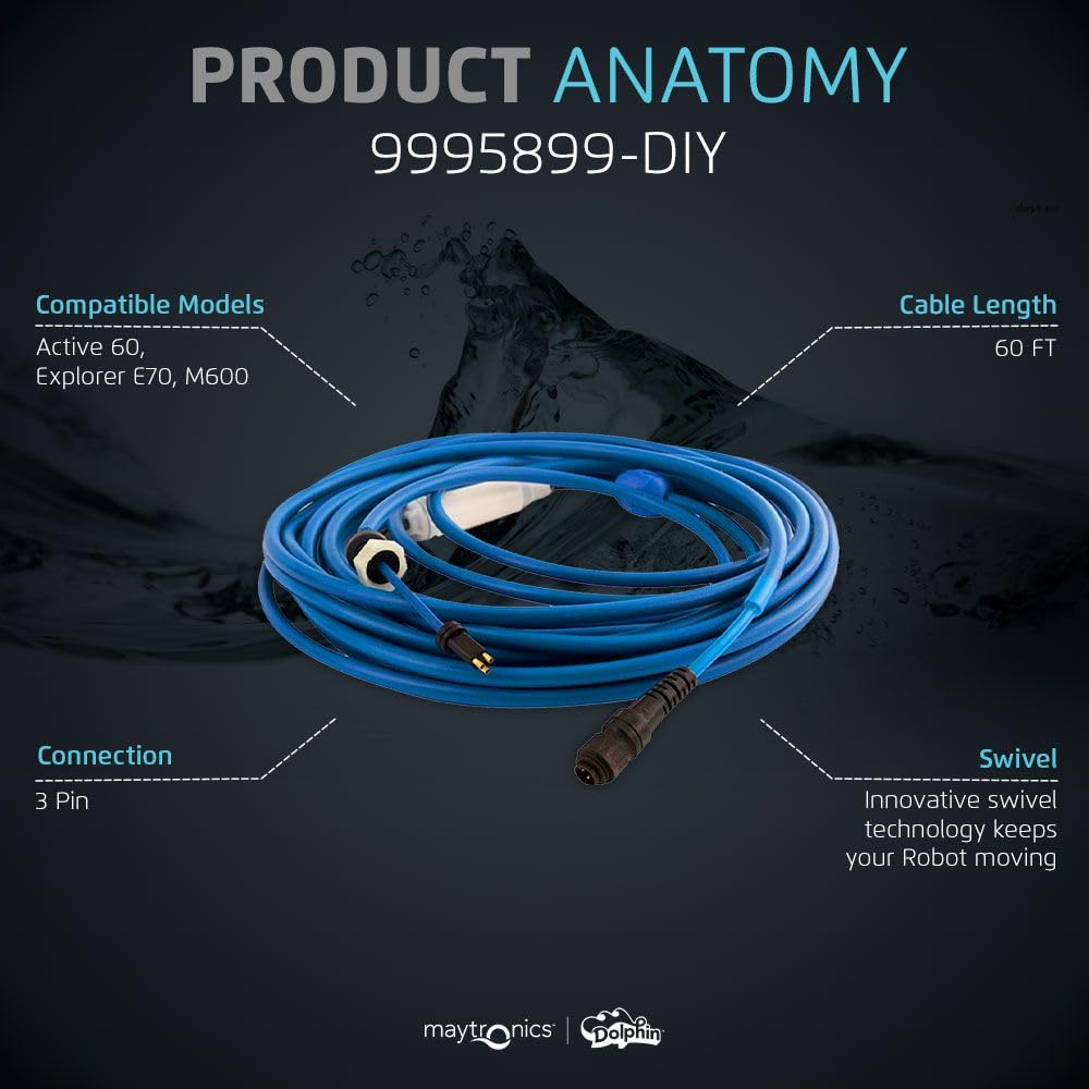 Dolphin Genuine Replacement Part — Durable 60 FT Blue Cable with Swivel for Tangle-Free Operation with Bluetooth/Wi-Fi Models — 9995899-DIY