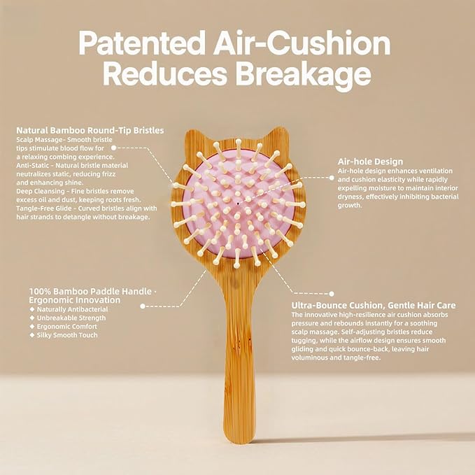 Cute Cat Shape Pink Mini Bamboo Hair Brush - Kids Travel Hairbrush with Air Cushion, Anti-Frizz Detangler for Girls (Adorable Kitten Design)