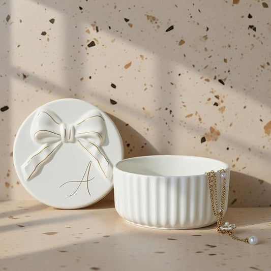 COLLECTIVE HOME Monogram Initial Jewelry Box with Bow - Elegant Ring Holder & Earring Dish | Christmas Gift Idea for Women, Unique Birthday Present for Herr (A)
