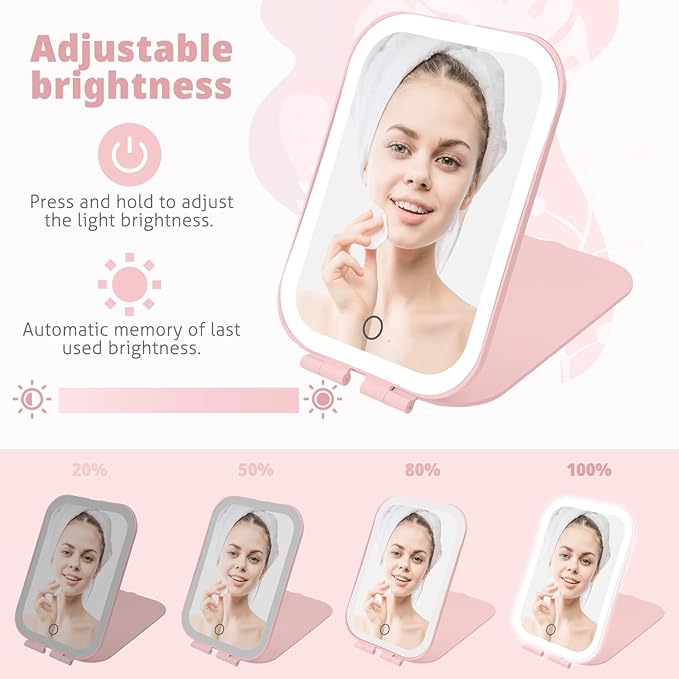 Travel Makeup Mirror, Portable Mirror with 3 Adjustable Light Settings, USB-Rechargeable Vanity Mirror with Lights，Gift for Women and Girls (Pink)