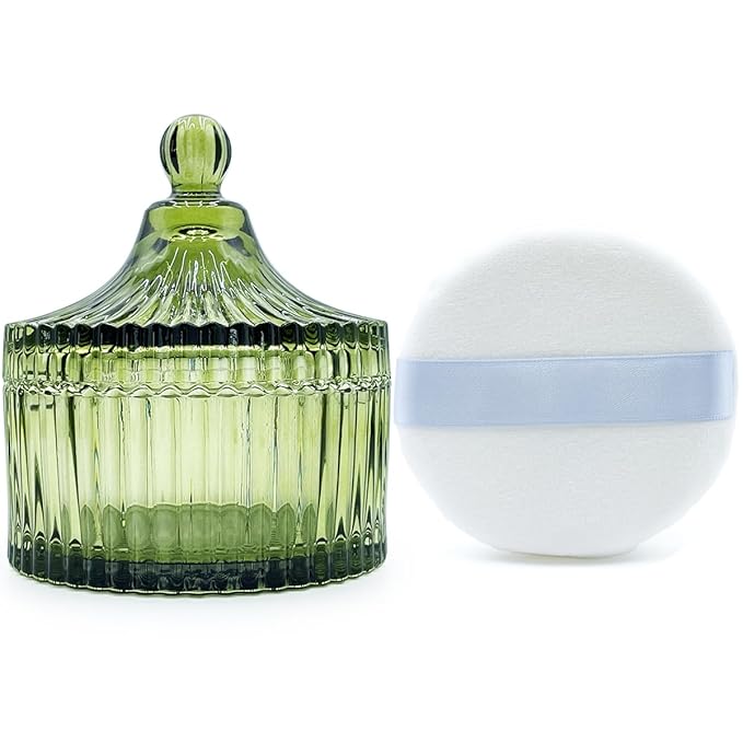 Ultra Soft Powder Puff and Container 3.3" High Density Velvet Dusting Washable Reusable Powder Puff,Body Powder Puff and Glass Jar Holder Loose Powder Box with Puff for Face Makeup(Olive Greenr)