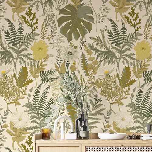 Peel and Stick Wallpaper Boho Bathroom Wallpaper Green/Yellow/Beige Wall Paper 17.7"x118" Removable Self Adhesive Contact Paper Tropical Botanical Floral Fern Leaves Wall Mural