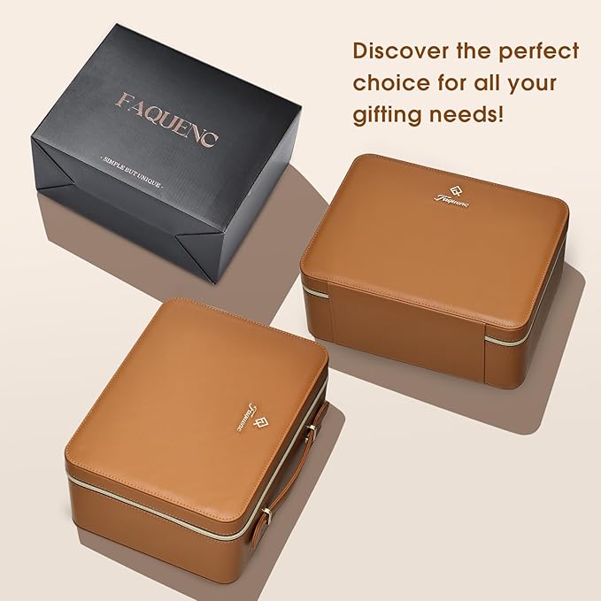 Faquenc Leather Makeup Case with LED Lighted Mirror 11.4 Inch Travel Makeup Bag Adjustable Brightness in 3 Colors Cosmetic Organizer Artist Storage Bag with Dividers Brush Holder Bag Vanity Brown