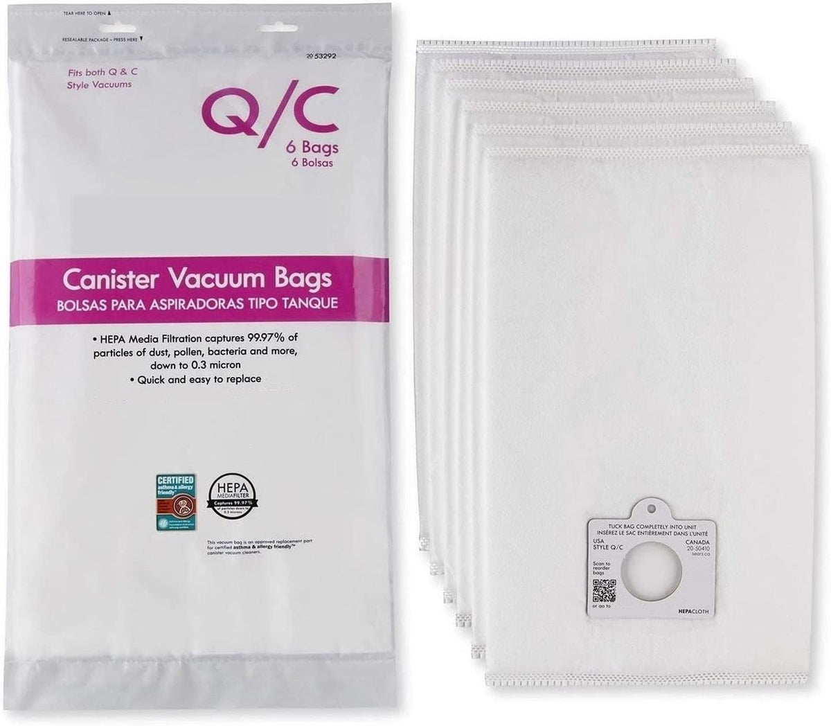 6 Style Q/C 53292 Hepa Filtration Bags. Compatible with Kenmore Elite, Intuition, Progressive, 200 400 600 700 800 Series Canister Vacuum Cleaners. Replaces Part # 5055 50104 50557 50558 53291 (white)