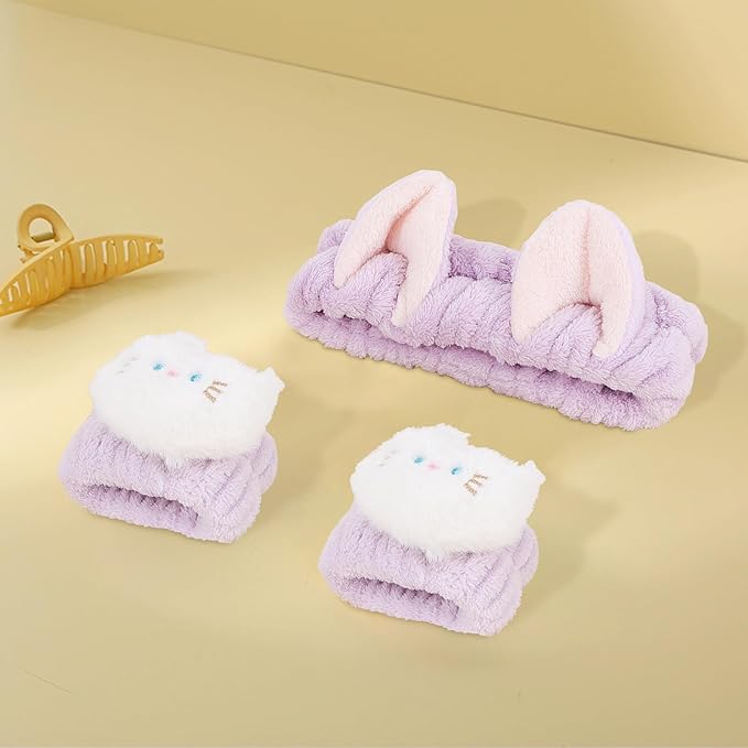 WHAVEL 3PCS Spa Headband and Wristband Set, Cute Cat Ears Headband for Washing Face Makeup, Face Wash Wrist Bands (Purple)