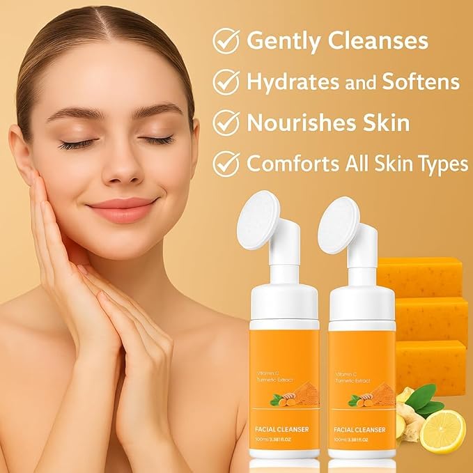 Turmeric Wash and Care Kit – Turmeric Face Wash with Brush, Exfoliating Facial Pads, Cleansing Soap Bars and Oil – Jabon de Curcuma, Natural Skincare for Face & Body (2PC Set, Count, 2)