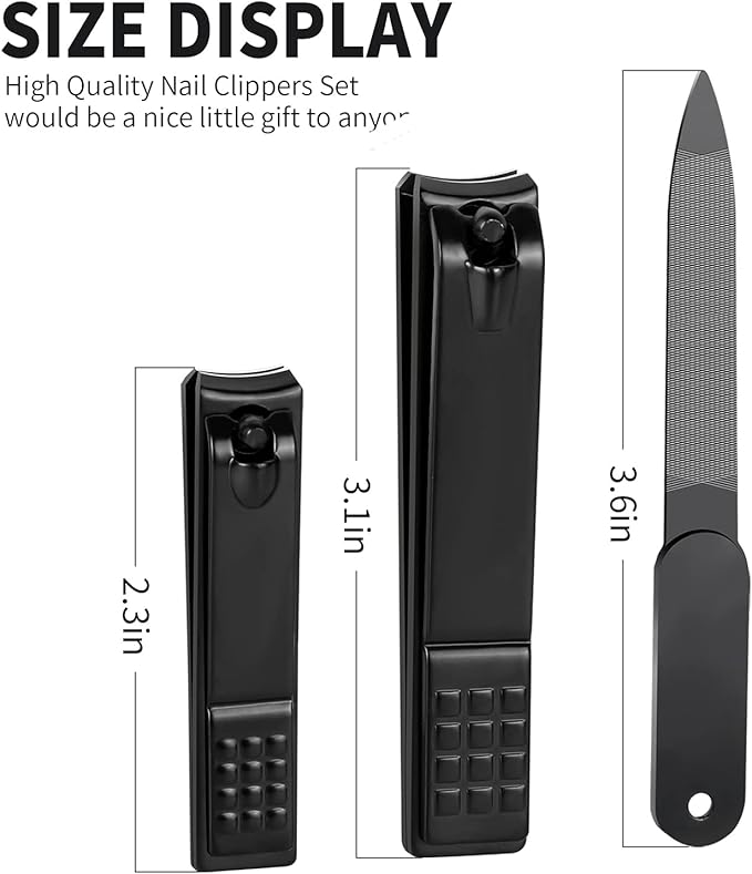 Nail Clippers Set, Sharp Stainless Steel Fingernail and Toenail Clippers, Nail Clippers for Thick Nails or Ingrown Nails, Perfect 3 PCS Black Nail Cutter for Men/Women/Kids, Set Include Nail File.