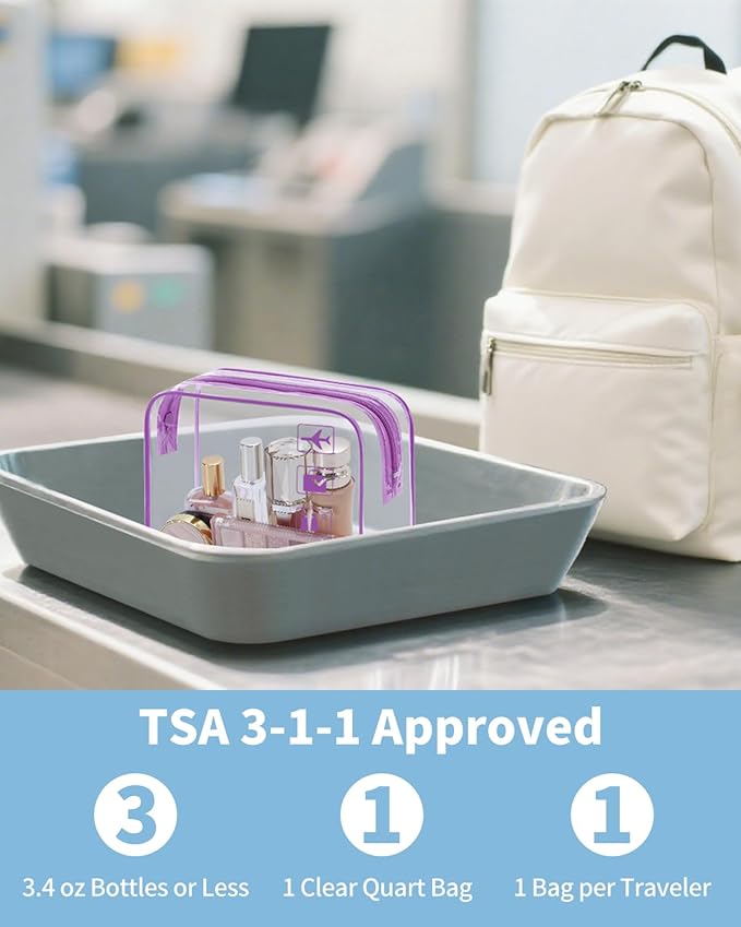 WANDF TSA Approved Toiletry Bag, 2 Packs Travel Clear Toiletry Bag, Quart Size Makeup Cosmetic Pouch with Zipper, Carry-On Airport Compliant Bag for Women and Men (2pcs Purple)