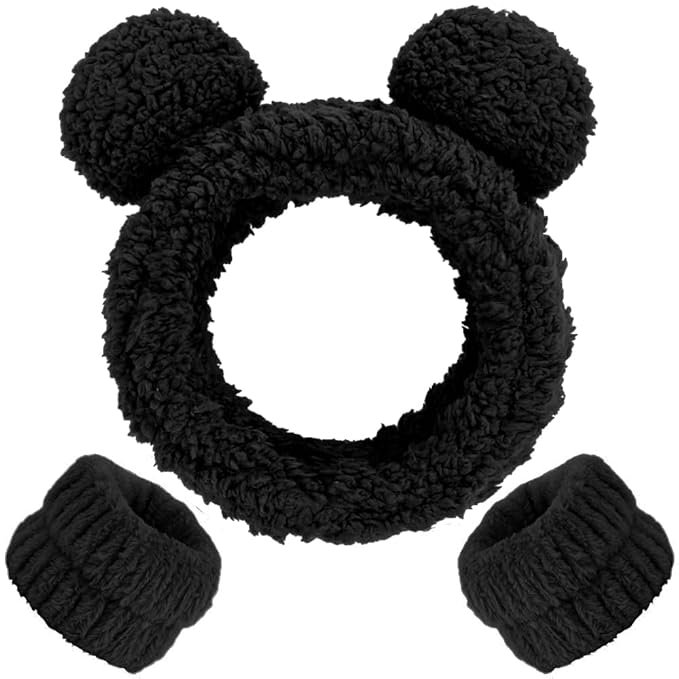 AHONEY Spa Bear Ears Headband, Face Wash Headband and Wristband Set, Cute Makeup Skincare Headbands Wrist Bands for Washing Face Elastic Fluffy Headband for Women Girls Cosmetic (Black)