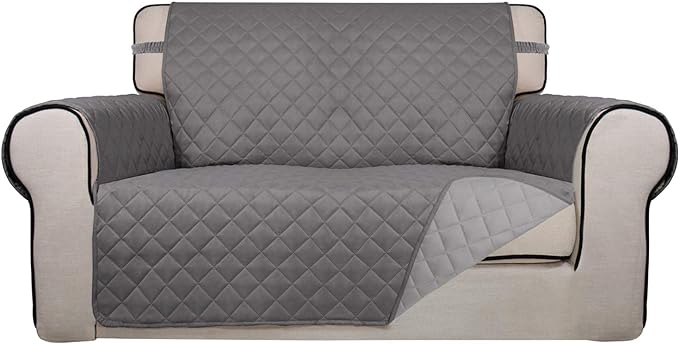 PureFit Reversible Quilted Sofa Cover, Water Resistant Medium Slipcover Furniture Protector, Washable Couch Cover with Non Slip Foam and Elastic Straps for Kids, Dogs, Pets (Loveseat, Gray/Light Gray)