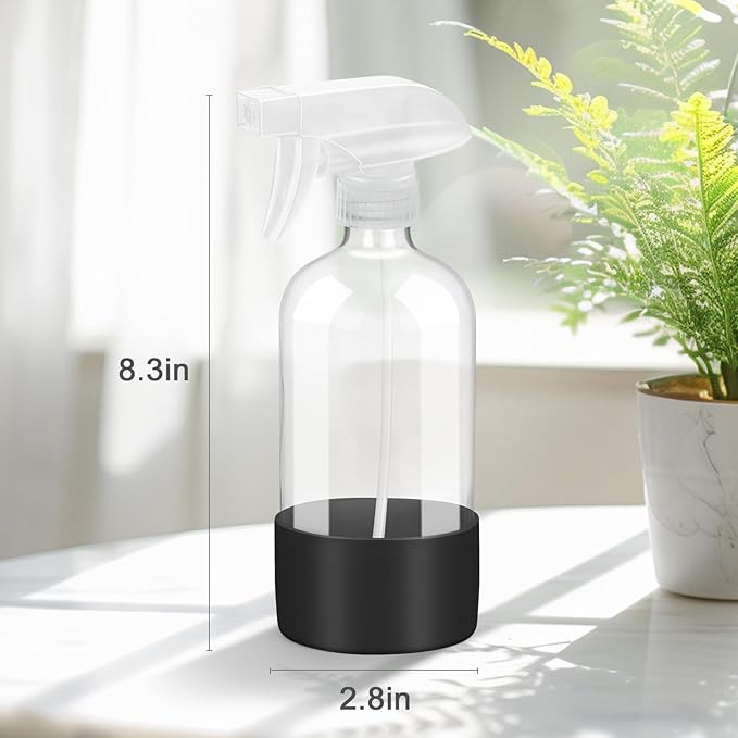 Worldgsb 2 Pack Glass Spray Bottles with Silicone Sleeve, 16 oz Empty Refillable Containers with Adjustable Spray Nozzles, Spray Bottles for Hair, Cleaning Solutions and Plants Black