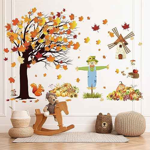 Fall Maple Leaves Wall Decals Autumn Pumpkin Scarecrow Wall Stickers Thanksgiving Fall Tree Wallpaper Cute Sqiirrel Windmill Mural DIY Removable Wall Art for Kids Bedroom Playroom