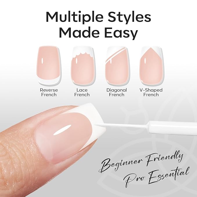 modelones White French Tip Liner Gel Polish, 15 ML Classic Color Nail Art Paint Swirl with Upgraded Fine Line Brush Soak Off U V DIY Home Salon Professional Manicure Design Gift for Women