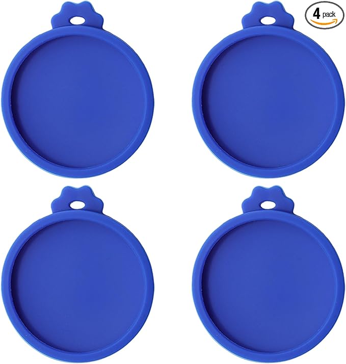 PINE & LINEN 4 Pcs 2.5inch Durable Pet Can Lids, Silicone Small Pet Can Covers Waterproof Cat Food Cans Lids for 3 oz Cat Food Cans（Blue）