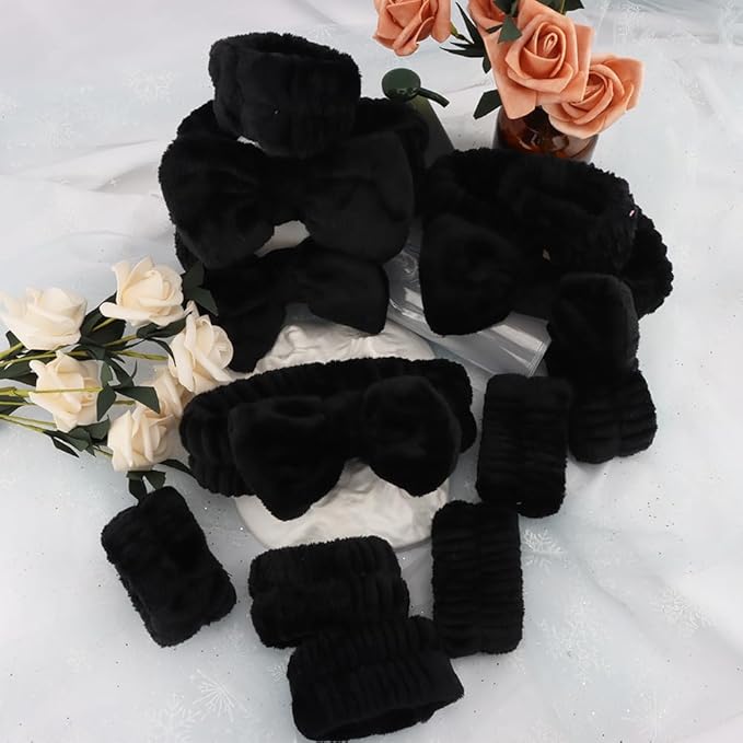 AOPRIE SPA Headbands for Washing Face Makeup Headbands with Bow Hair Band Women Facial Head Band Laurel Wrist Towel Wraps For Shower Face Mask Black, 12 Pack