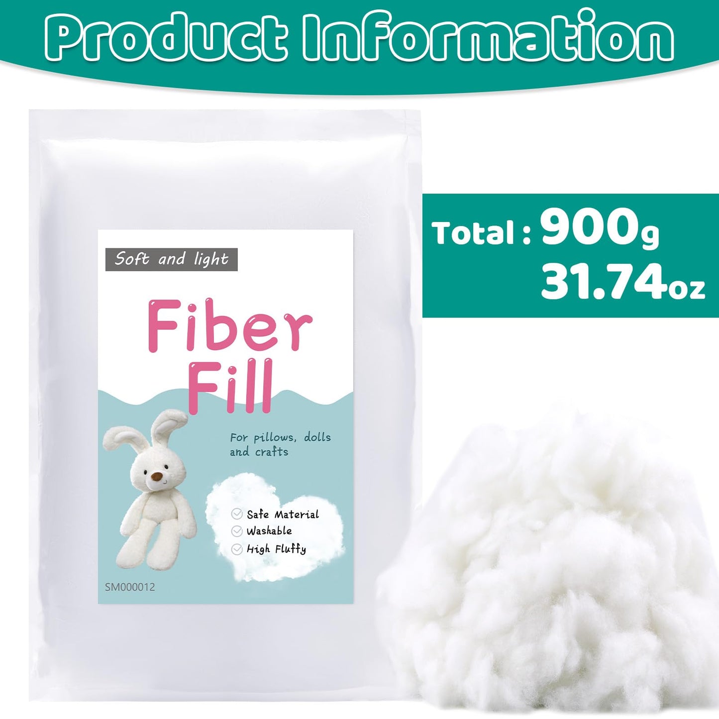 LOKUNN 31.7oz/900g Polyester Fiber Fill, (2.12oz~3.97lb) Stuffing Pillow Filling Stuffing Cushion Filling, Batting High Resilience Fill Fiber for Stuffed Animals/DIY Crafts (White)