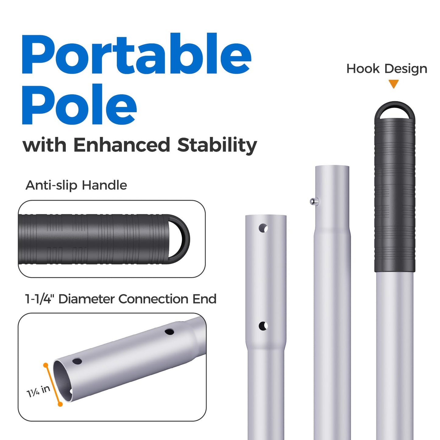 Mowend 10.5 Foot Aluminum Telescopic Swimming Pool Pole - 8 Adjustable Connecting Sections, Expandable Step-Up Length - Attach Connect Skimmer Nets, Rakes, Brushes, Vacuum Heads, Maintenance