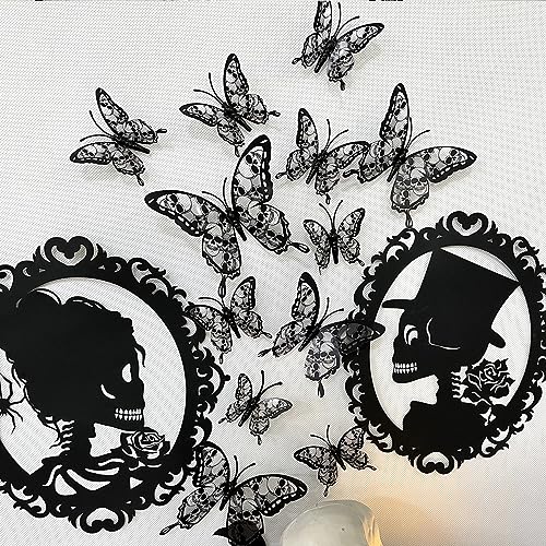 Halloween Wall Decor 3D Stereo Skull Butterfly Wall Decals Halloween Decorations Skeleton Butterflies Design Black Gothic Home Decor Halloween Wall Stickers for Door Wall Window Clings Decor 12Pcs