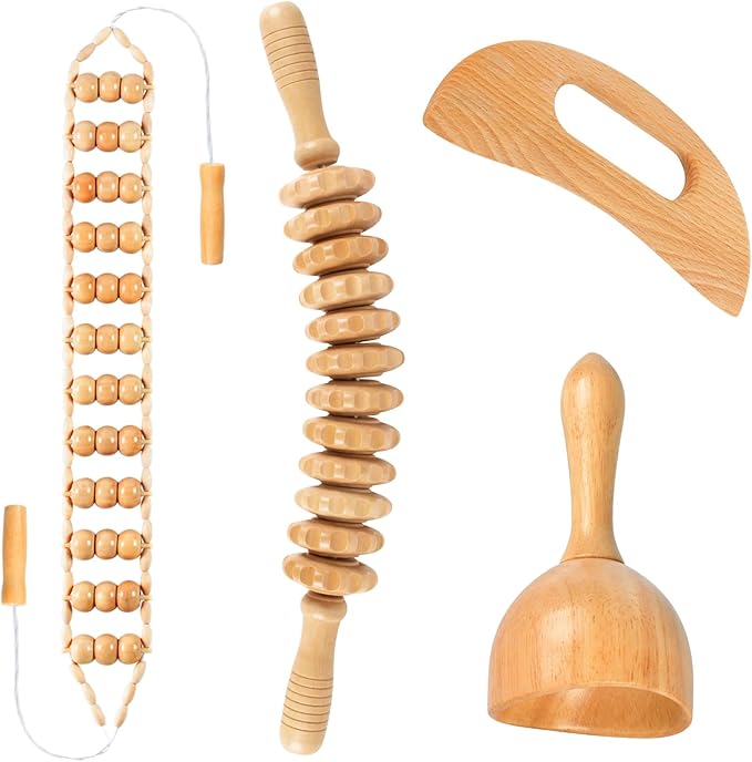 Wood Therapy Massage Tools 4-in-1, Wooden Lymphatic Drainage Massager Body Cellulite Remover, Professional Maderoterapia Kit Cellulite Massager for Body Sculpting,Contouring,Relief Muscle
