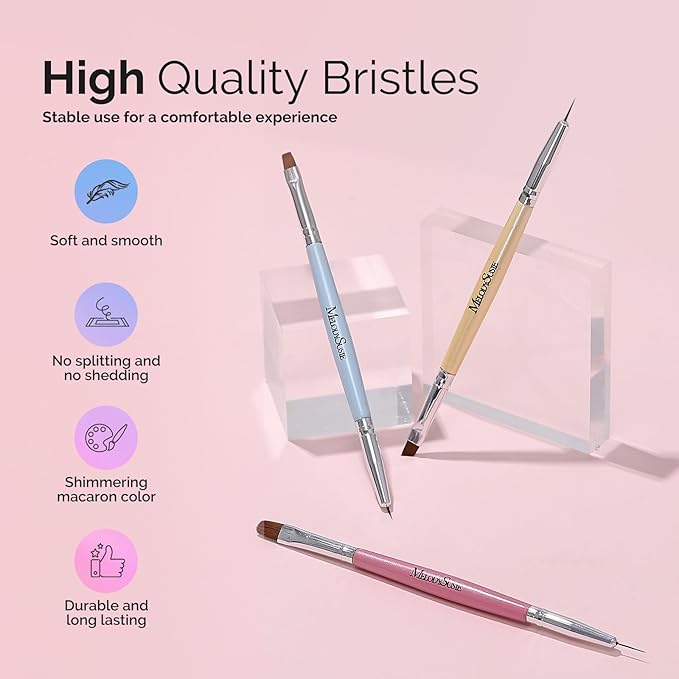 MelodySusie 2-in-1 Nail Art Brushes Set,3pcs Nail Art Design Pen Painting Tools with Flat Brush Oval Brush French Brush Liner Brushes for Home DIY Salon Use