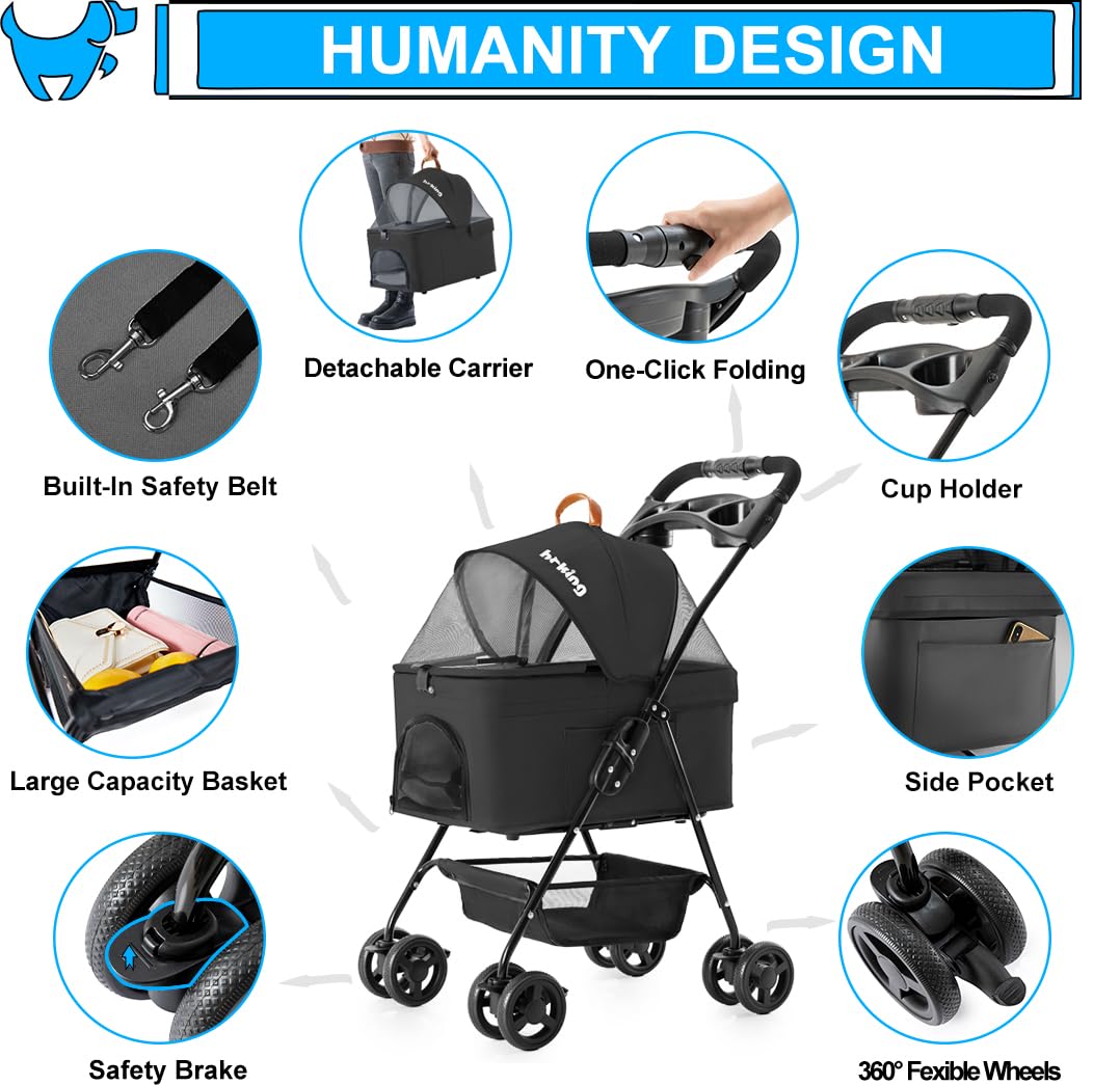 LPOTIUS 3-in-1 Pet Stroller for Small Dogs and Cats, Folding Lightweight Dog Stroller with Detachable Carrier Portable Cat Puppy Jogging Stroller with Cup Holder and Storage Basket, 4 Wheels