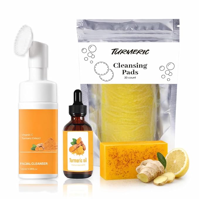 Turmeric Wash and Care 4-Piece Set – Facial Cleanser with Brush, Soap Bars , Soft Face Cleansing Pads and Turmeric Oil – Turmeric Face Wash Kit, Turmeric Skincare Set