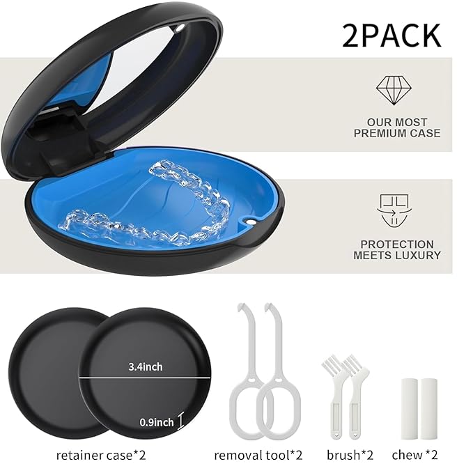 2 Pack Retainer Case with Mirror, Compatible with Invisalign, Slim Aligner Case for Travel, Includes Removal Tools, Seaters & Brush, Magnetic Secure Closure Retainer Box - Black
