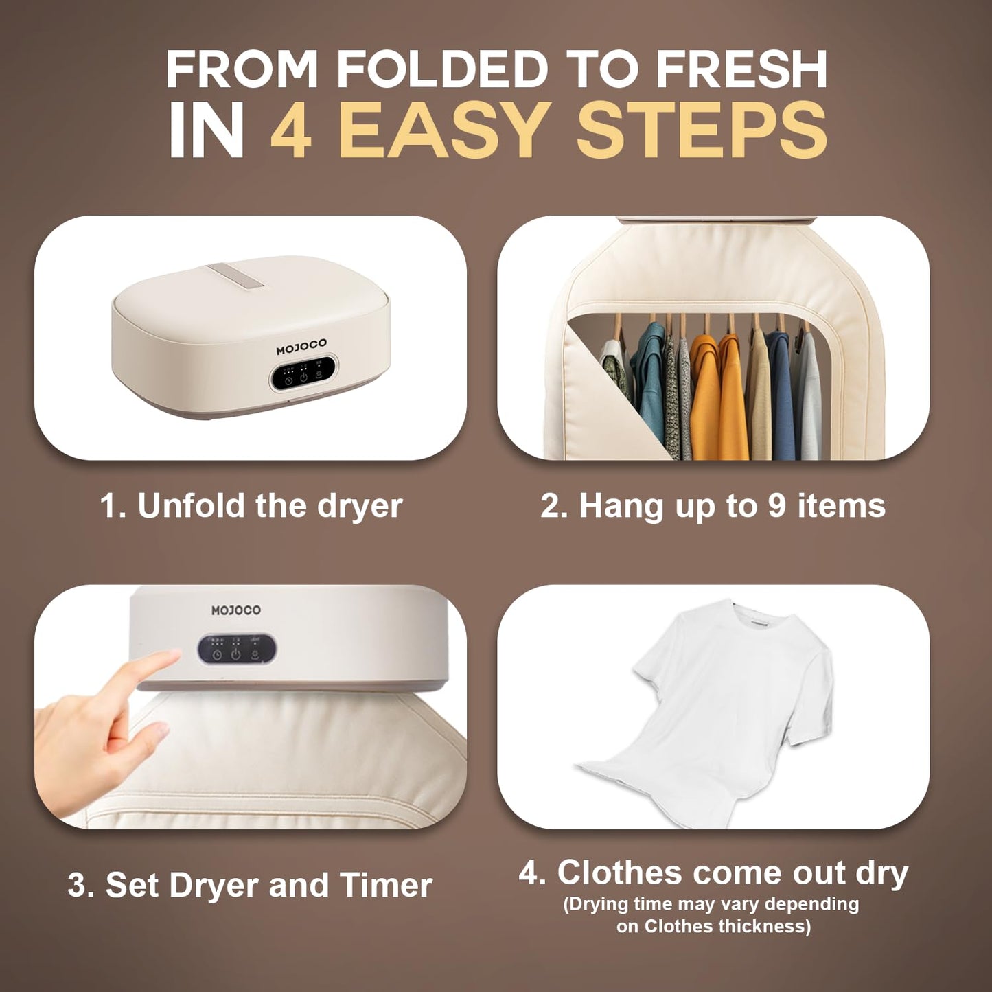 MOJOCO Portable Clothes Dryer - Mini/Compact Dryer for Apartment, RV, Travel - Small Quiet Fast-Drying Machine with Adjustable Timer & Hassle-Free Setup