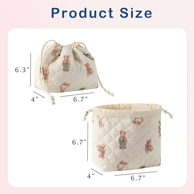 Cotton Quilted Drawstring Makeup Bag with Canvas Lining,Coquette Aesthetic Cute Travel Toiletry Bag,Drawstring Gift Bag for Women and Girls（04White Bear）