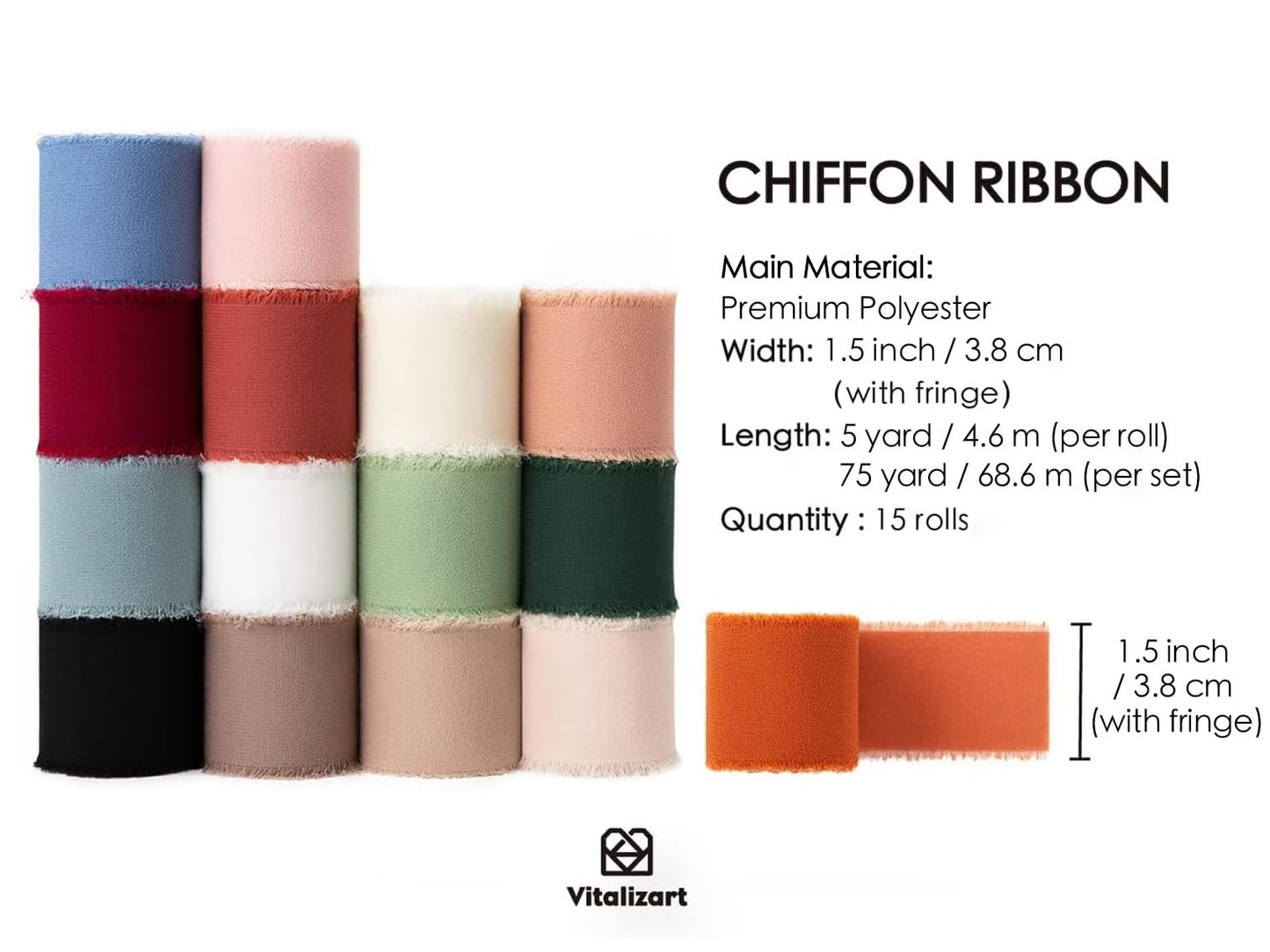 Vitalizart Chiffon Silk Ribbon 1 1/2 Inch x 75 Yd Handmade Frayed Edge Assorted Ribbons for Gift Wrapping Bridal Bouquets Baby Shower Wedding Invitations