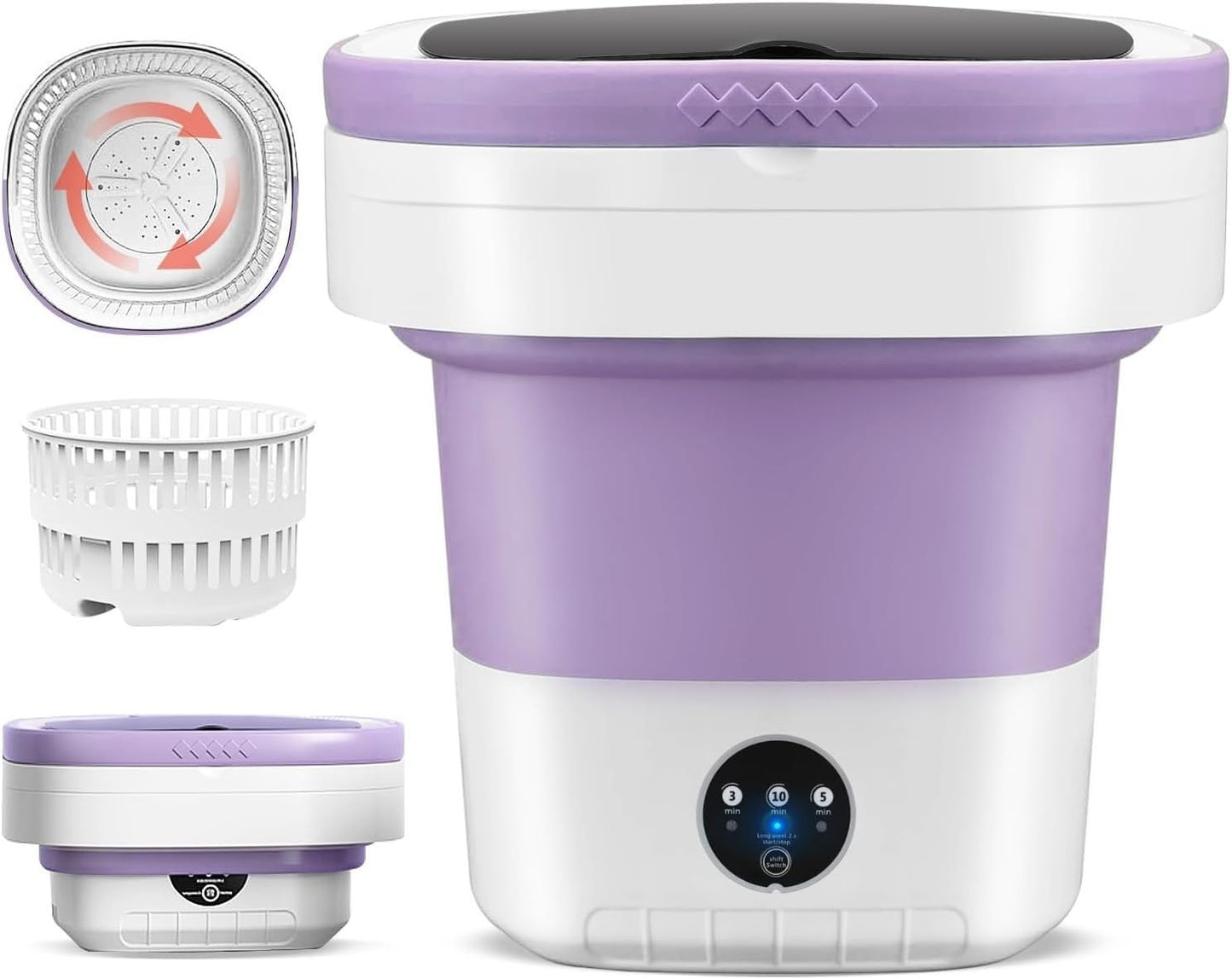 Portable Electric Foldable Mini Washing Machine 16L – Touch Digital Control for Baby Clothes, Underwear, Camping, RV – Spin Function – Purple