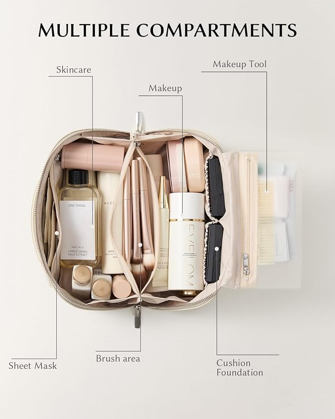 EACHY Travel Makeup Bag, Large Capacity Cosmetic Bag for Women, Waterproof PU Leather, Flat Open Portable Toiletry Bag for Skincare, Brushes & Travel Essentials