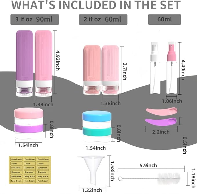Vitog 16 Pack Travel Bottles for Toiletries, TSA Approved Leak Proof Silicone Squeezable Travel Containers for Toiletries, Refillable Travel Accessories for Conditioner, Shampoo, Lotion & Body Wash