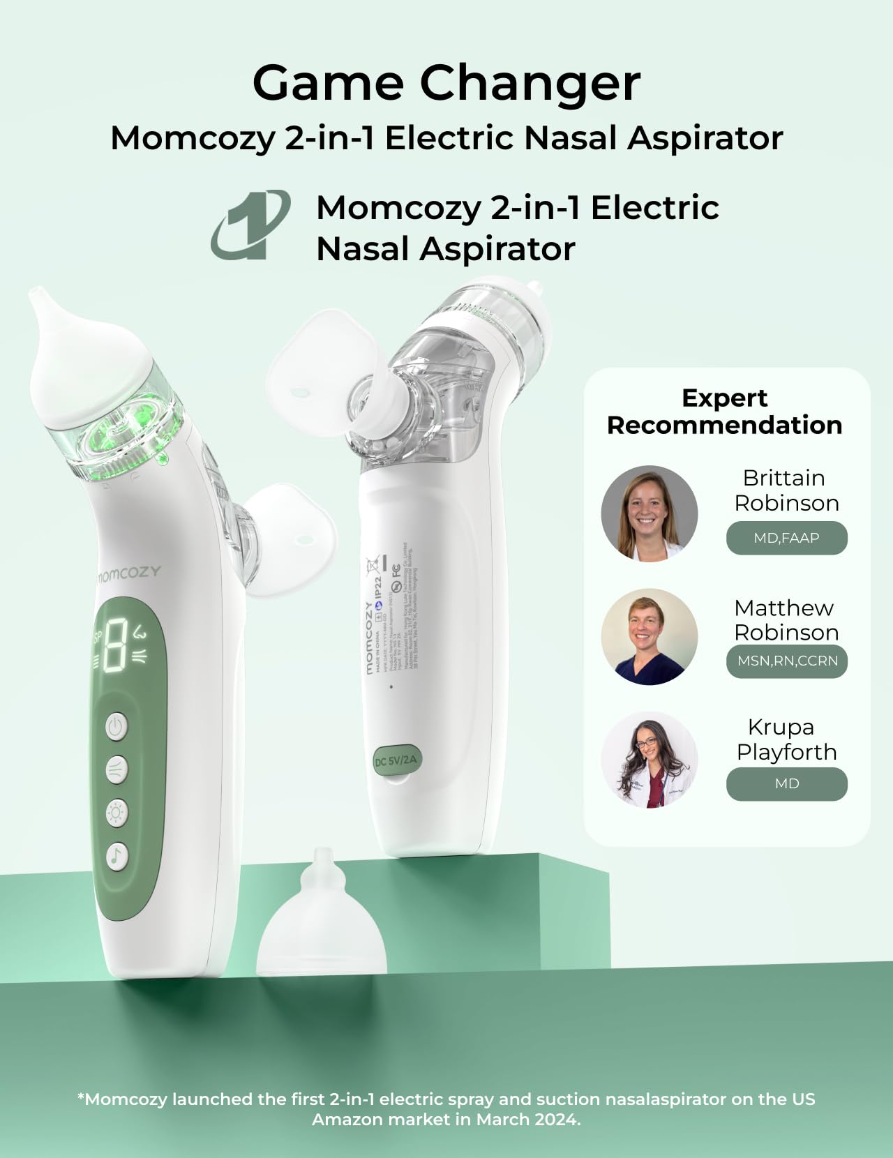 Momcozy BreezyClear™ 2-in-1 Electric Nasal Aspirator for Baby with Spray, 65kPa Hospital-Grade Suction, 4 Adjustable Levels, Quiet & Portable Nose Cleaner with Soothing Light & Music