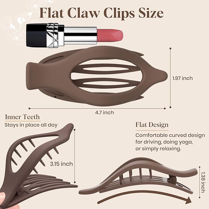6 PCS Large Flat Hair Clips for Women Girls, French Concord Lay Down Flat Claw Clips for Thick Thin Hair, Comfortable Curved Flat Hair Clip, Matte Non-slip Strong Hold Hair Accessories, Brown