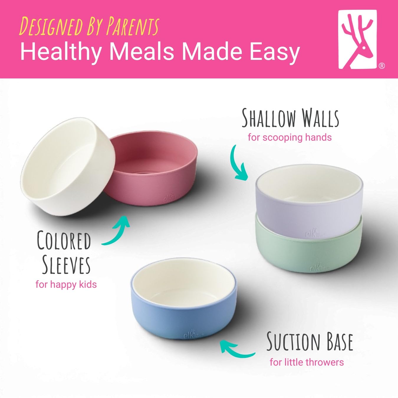 Elk and Friends Kids Porcelain Bowls with Silicone Suction Sleeves | Suitable for Babies/Toddlers | Microwave & Dishwasher Safe | Stay Put Dinnerware | Snack Dishes | 2 Pack