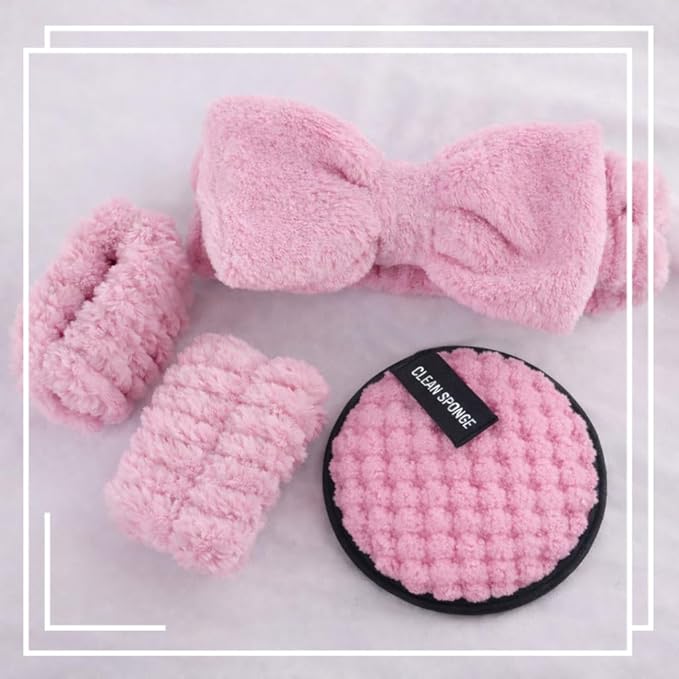 20 Pcs Makeup Sponges Set Beauty Blender Triangle Puffs Mini Sponge Spa Headband & Wristband Remover Pad Cosmetic Applicator for Powder Foundation Liquid Cream Multi - Functions Kit (Pink)