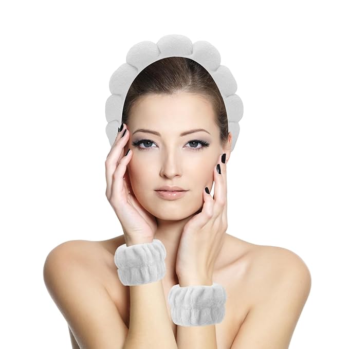 Spa Headbands for Washing Face, Makeup and Skincare. 4 Pc Set of Skin Care Head band with Wristbands. Puffy Terry Cloth, Non Slip Get Ready Hairband for Women, Teens, Girls. Cute Hair Accessories.