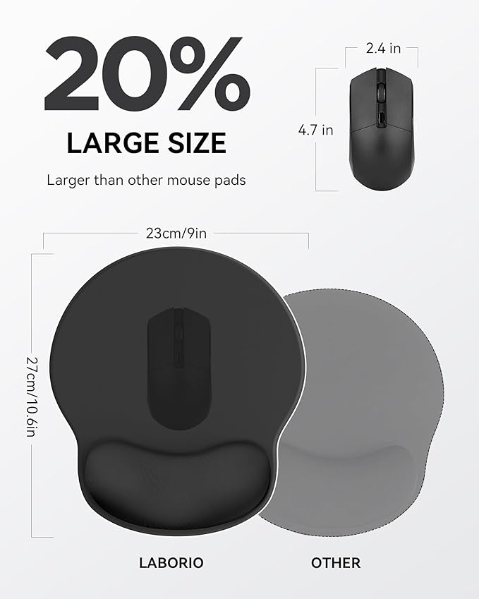 Laborio Mouse Pad with Wrist Rest, Ergonomic Mouse Pads for Desk, Office Non-Slip Large Mousepad with Gel Wrist Support(Black, 10.6''L x 9''W)