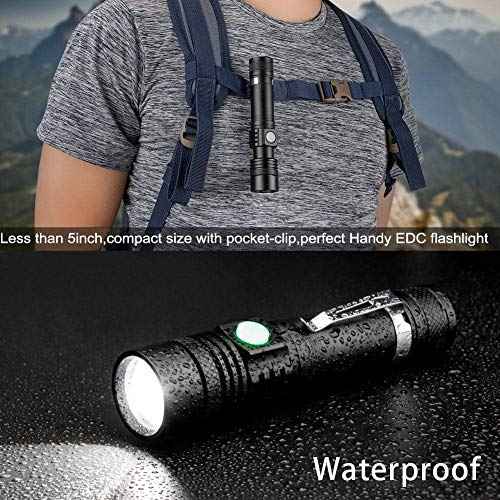 Hoxida LED Tactical Flashlight Rechargeable, IPX6 Waterproof Flashlight, 2000lm, Super Bright LED, Zoomable, Pocket-Size Small LED Flashlight for Hiking, Camping, Emergency