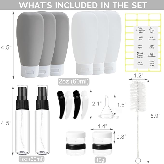 DEWSENSI 20 Pack Travel Bottles Set - TSA Approved Leak Proof Containers Kit for Toiletries - Portable Refillable Accessories for Shampoo, Conditioner, Lotion, Liquids (Black & White)