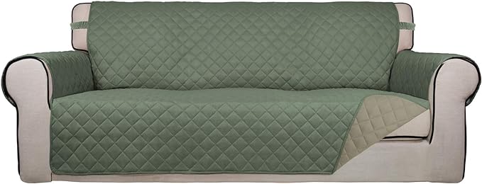 PureFit Reversible Quilted Sofa Cover, Water Resistant Slipcover Furniture Protector, Washable Couch Cover with Non Slip and Elastic Straps for Kids, Pets (Oversized Sofa, Greyish Green/Beige)