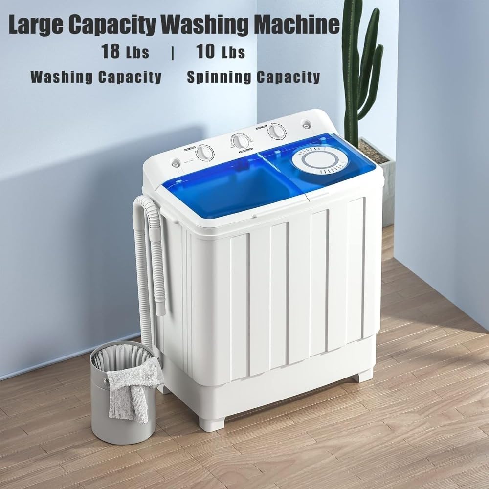 Portable Washing Machine, 28lbs Twin Tub Washer Mini Compact Laundry Machine with Drain Pump, Semi-automatic 18lbs Washer 10lbs Spinner Combo for Dorms, Apartments, RVs