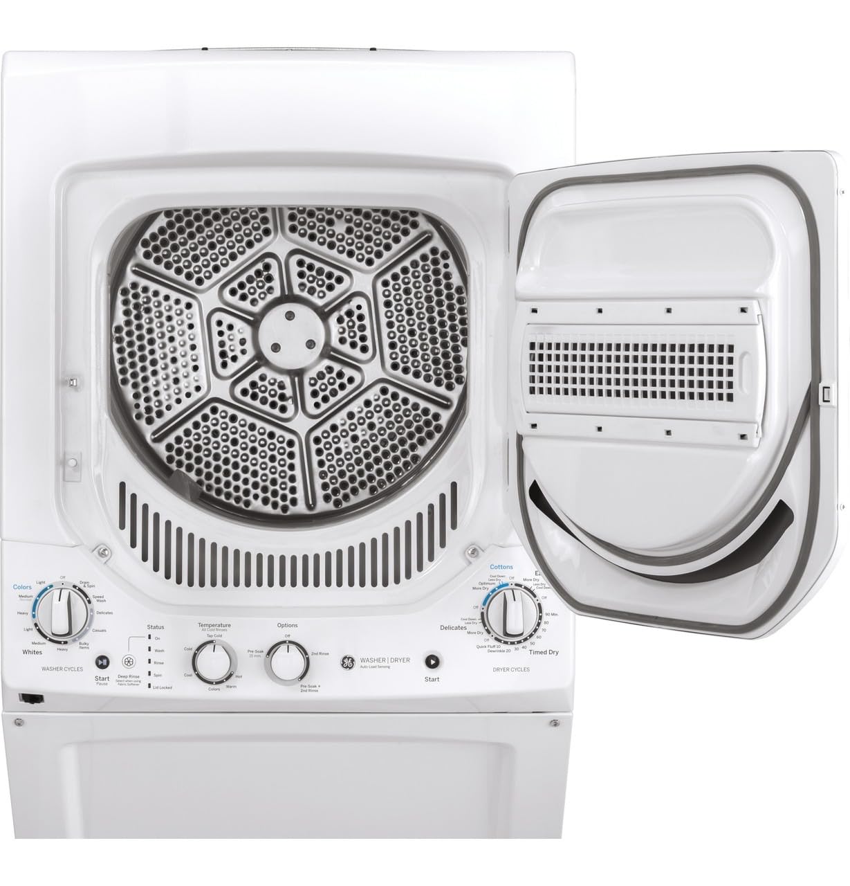 GE Unitized Spacemaker® 3.8 Cu. Ft. Washer and 5.9 Cu. Ft. Electric Dryer Laundry Center, 27-Inch, White – GUD24ESSMWW