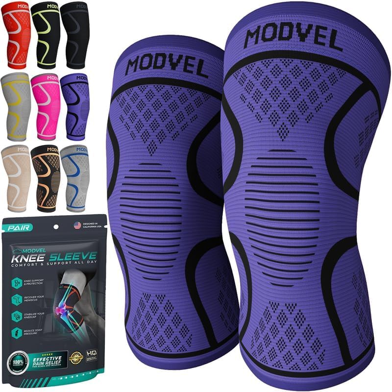 Modvel 2 Pack Knee Brace for Women & Men - Workout Knees Compression Sleeve for Knee Pain Relief Joint Support for ACL, Arthritis, Meniscus Tear Knees Brace for Sports, Rodilleras para Gym Fitness