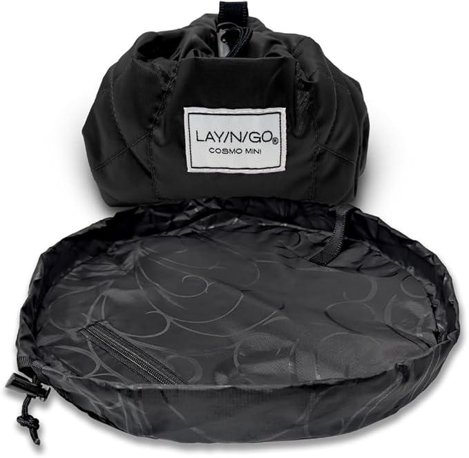 Lay-n-Go Cosmo Layflat Drawstring Cosmetic & Makeup Bag Organizer w/Zipper Pocket, Brush Loops & More, Cinch to Close, Lay Flat to Use, Durable, Machine Wash, Travel Toiletry Bag (16", Black)