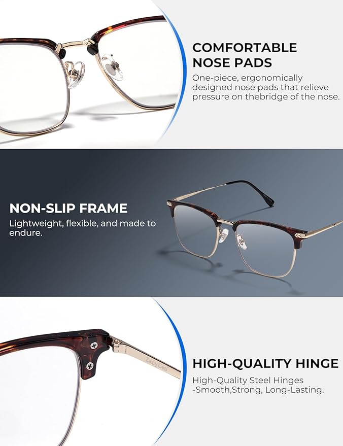 ZanyLen Blue Blocker Glasses for Men Metal Browline Computer Gaming Glasses Filter Blue Ray