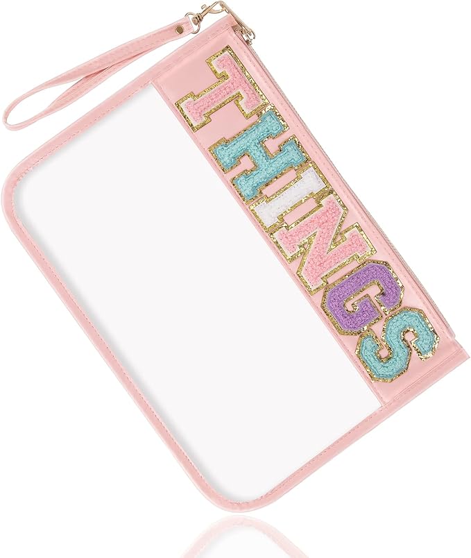 Chenille Letter Clear Bag Things Purse, Monogram PVC & PU Clear Zipper Pouch with Wristlet, Waterproof Portable Glitter Snacks Makeup Beach Pouch Toiletry Bag for Women Girls (THINGS-Pink)