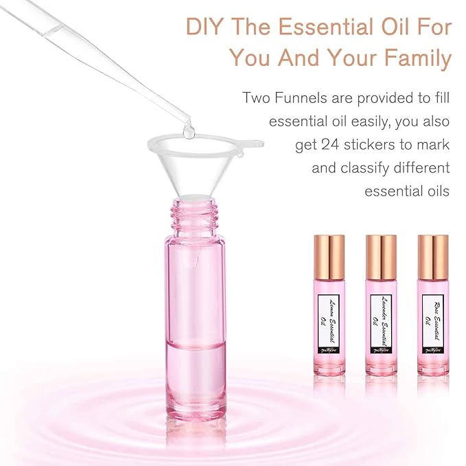 PrettyCare 12 Pack, 10 ml Essential Oil Roller Bottles with Stainless Steel Roller Ball - Refillable Leak-proof Empty Thick Pink Glass Roll on Bottles with Metal Caps for Travel, Perfume